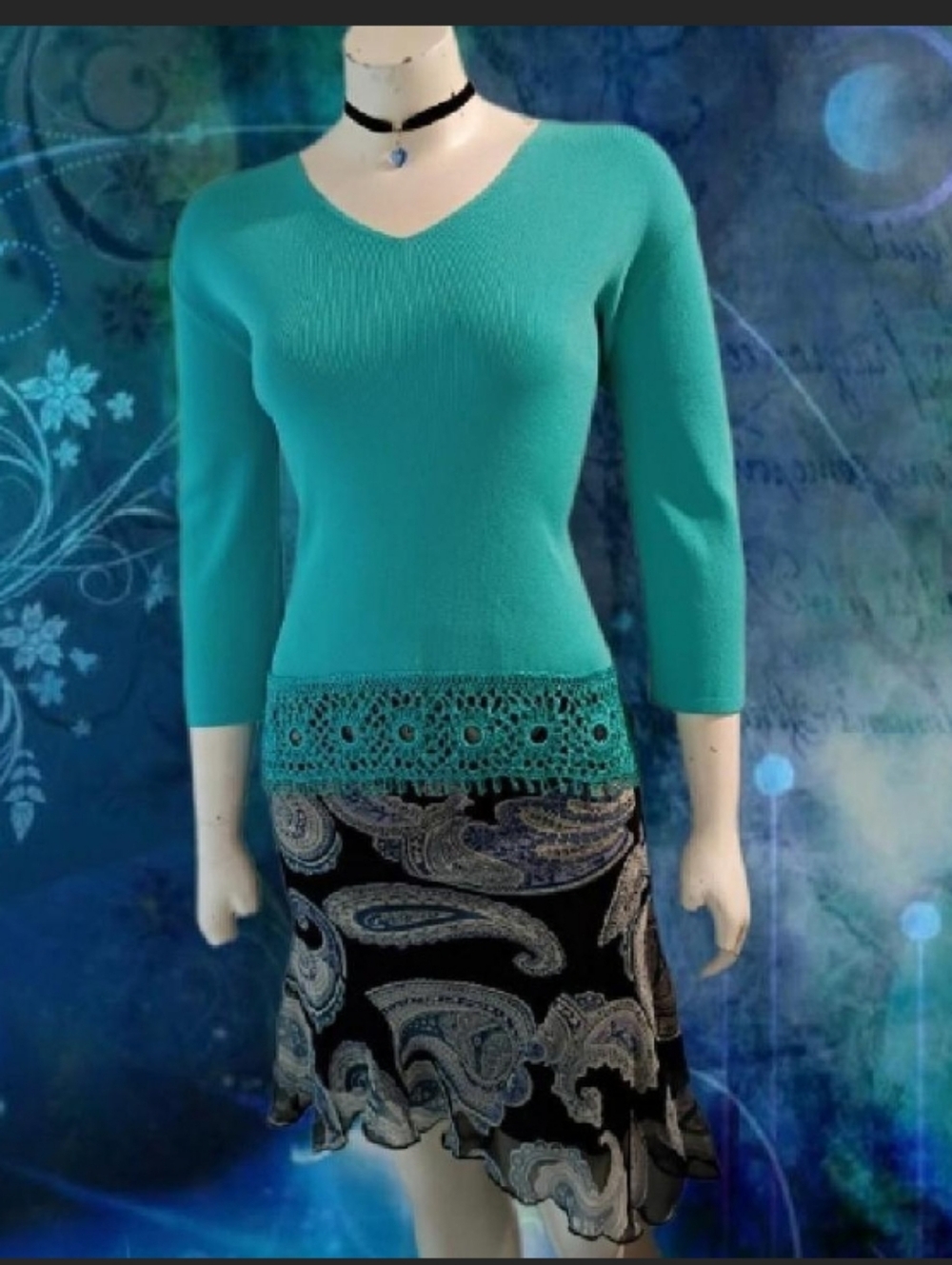 Vintage Y2K J.A.C Women's L Teal Sweater Top with Clear Beaded/Crochet Trim